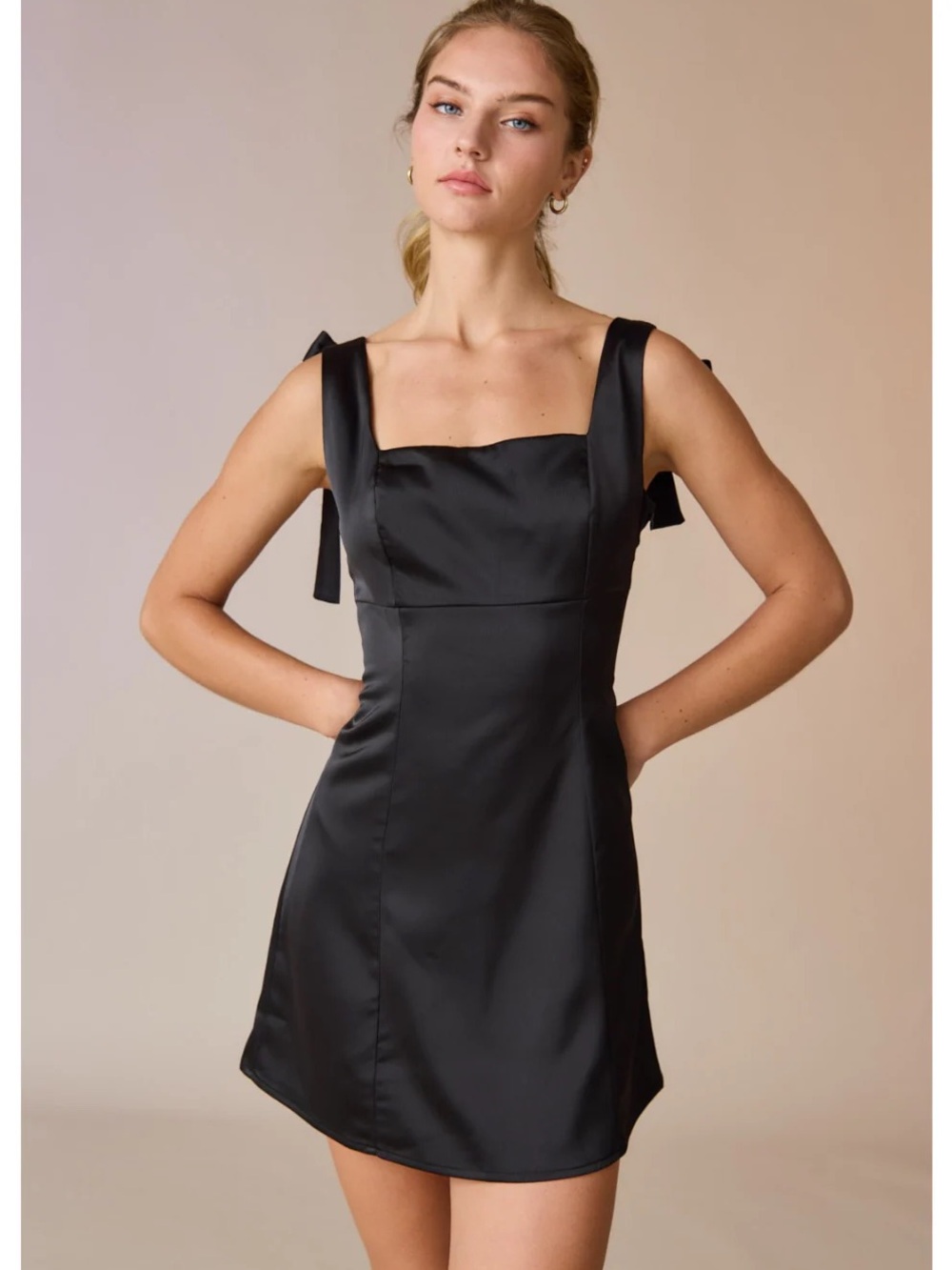 NWT Urban Outfitters Bri Double Bow Satin Mini Dress in black - Picture 2 of 9